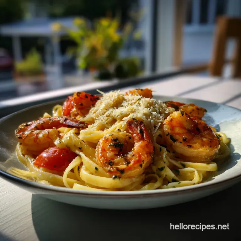 Elegant plate of Tuscan shrimp pasta. The creamy sauce clings to the perfectly cooked pasta, complemented by vibrant red t...