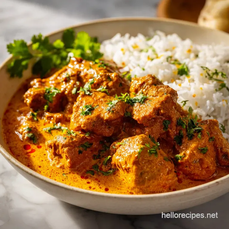Elegant plate of butter chicken with a swirl of cream, garnished with cilantro sprigs, alongside fragrant basmati rice.