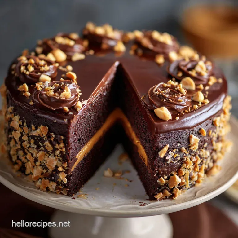 The Ultimate Chocolate Salted Peanut Butter Showstopper Cake presentation