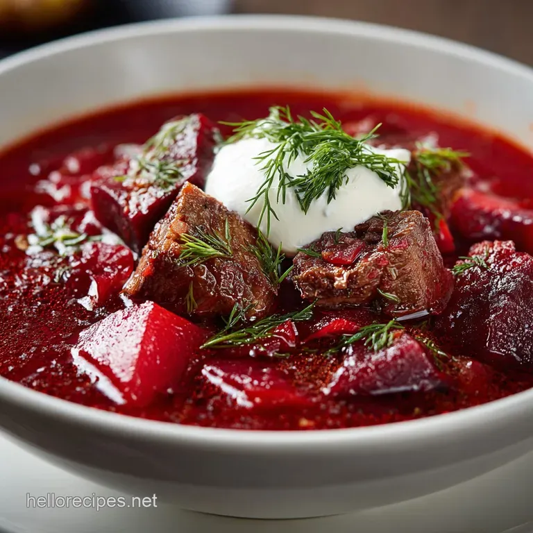 The Ruby Jewel Classic Ukrainian Borscht Hearty Beef Beet Soup presentation