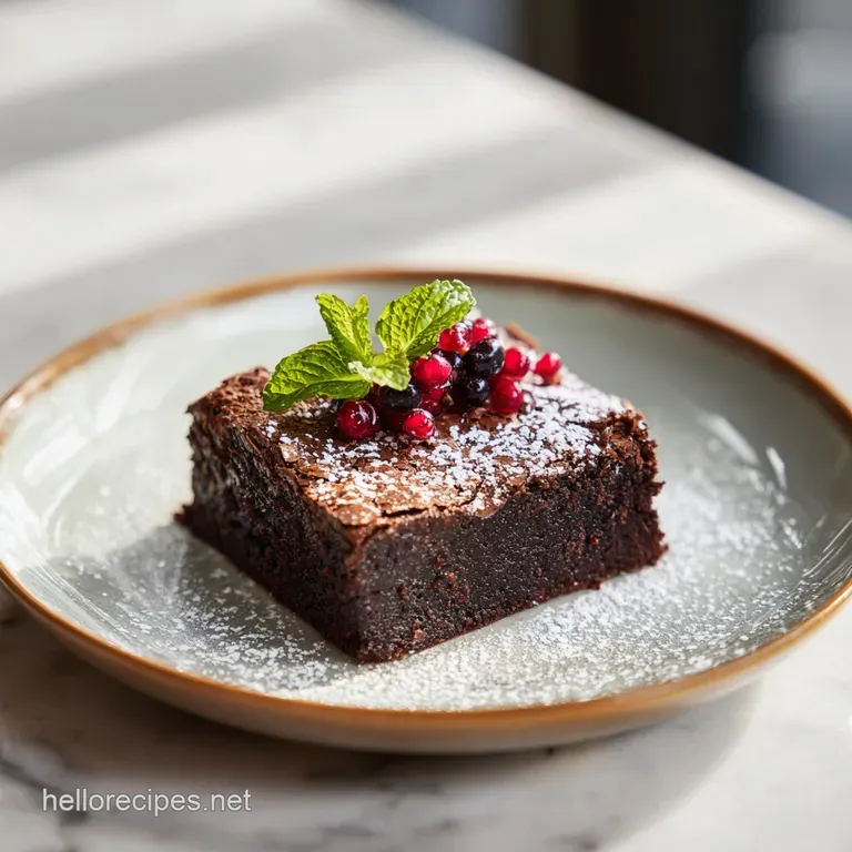 A single rich brown square, dusted with powdered sugar, on a white ceramic plate.