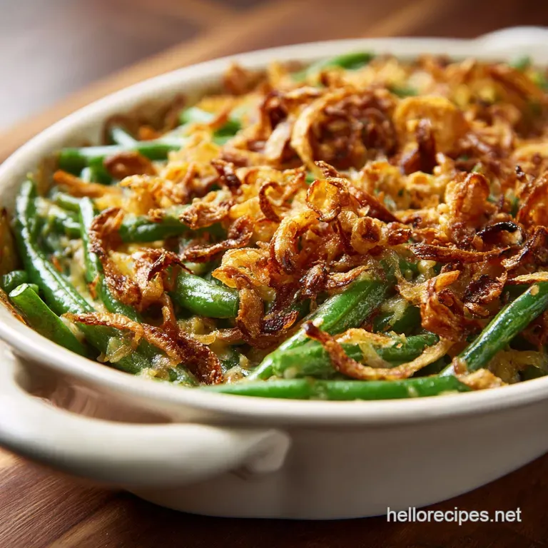 Green Bean Casserole Done Right: Silky Cr&egrave;me Crispy Shallots presentation