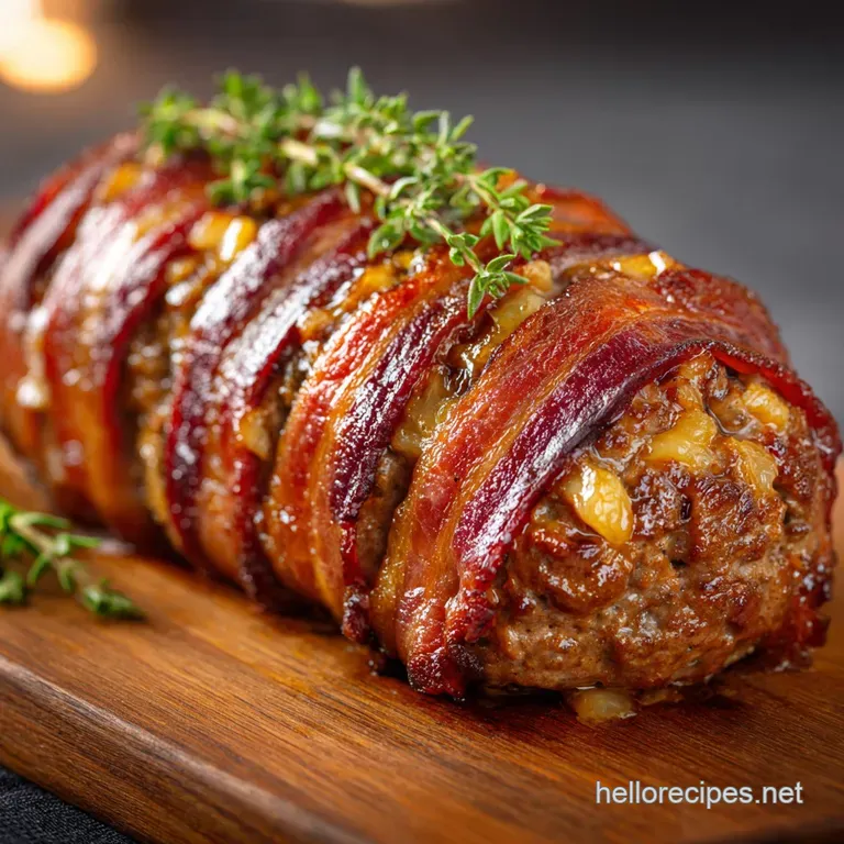 The Ultimate Sunday Dinner Smoked Paprika Bacon Wrapped Meatloaf presentation