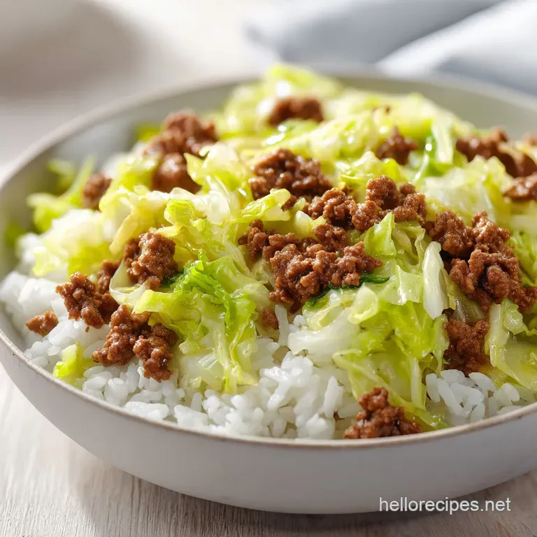 Steaming cabbage and ground beef in a white ceramic bowl, garnished with a sprinkle of fresh green parsley.