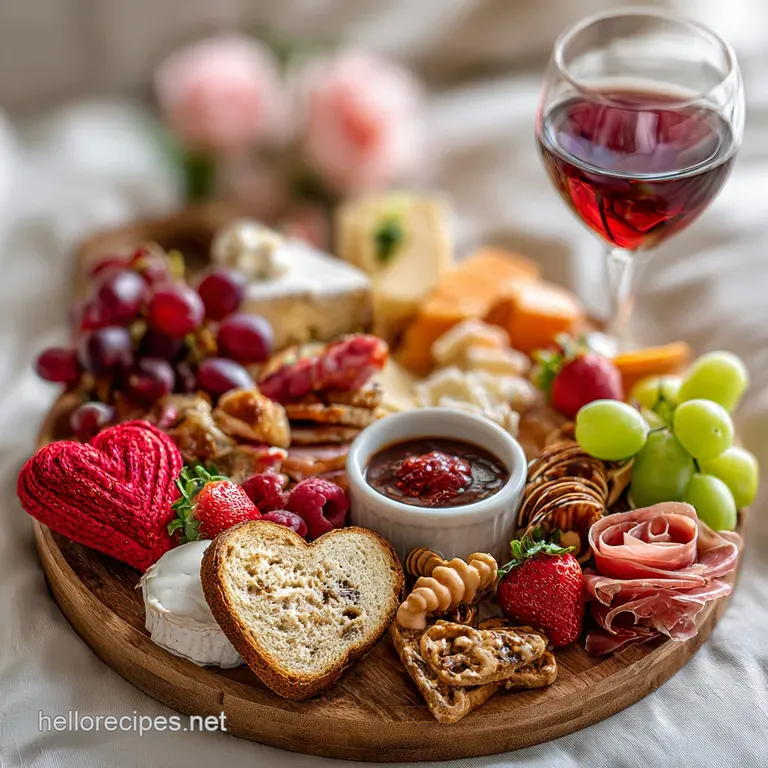 Artfully arranged Valentine's charcuterie board displaying creamy brie cut into hearts, glistening grapes, and crusty bread.