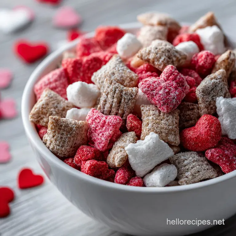A heart-shaped bowl overflowing with chocolate and peanut butter puppy chow, dusted with powdered sugar and festive sprink...