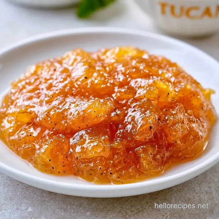 A golden swirl of thick fruit preserve spread over toasted sourdough bread on a white ceramic plate with a linen napkin.