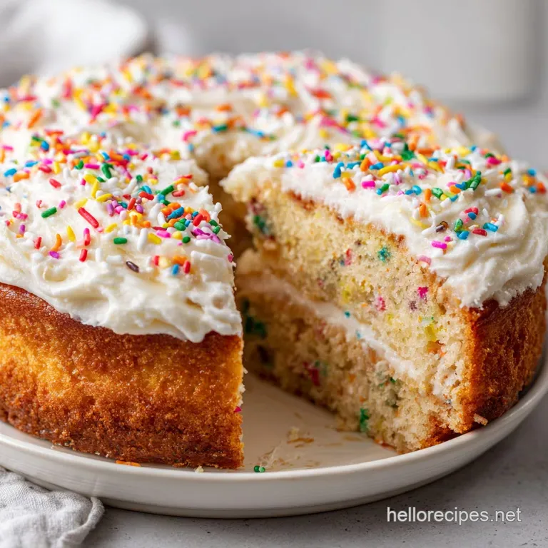 A generous slice of fluffy vanilla cake with smooth white frosting on a white plate.