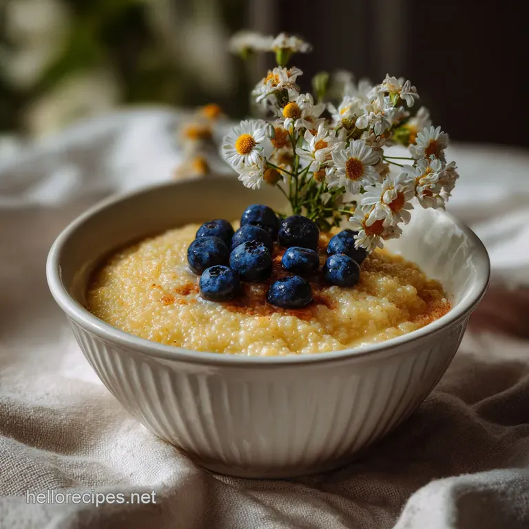 Elegant presentation of creamy vanilla millet porridge, a swirl of rich texture in a shallow bowl. Hints of amber and gold...