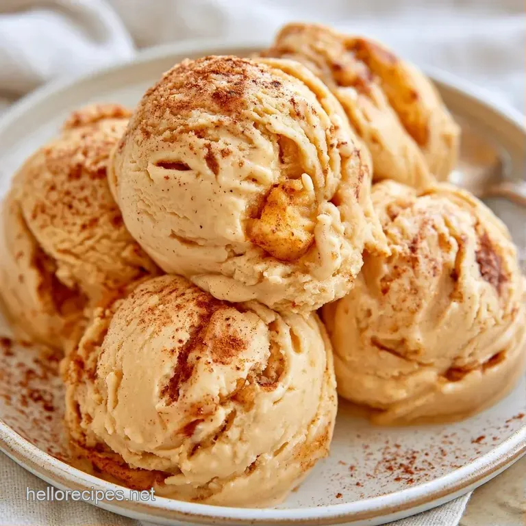 Three scoops of pale frozen dessert drizzled with glossy white coconut cream and a thin, crisp apple slice.