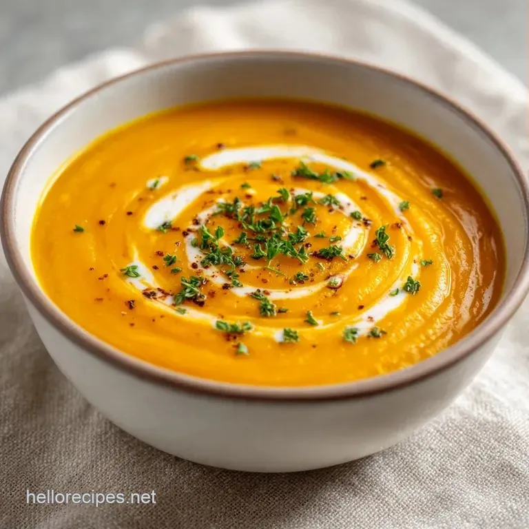 Elegant white bowl of smooth orange puree garnished with toasted pumpkin seeds and a drizzle of olive oil.