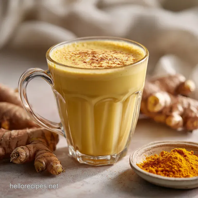 Elegant glass of golden smoothie, garnished with a star anise and a delicate sprinkle of turmeric, against a light wood ba...
