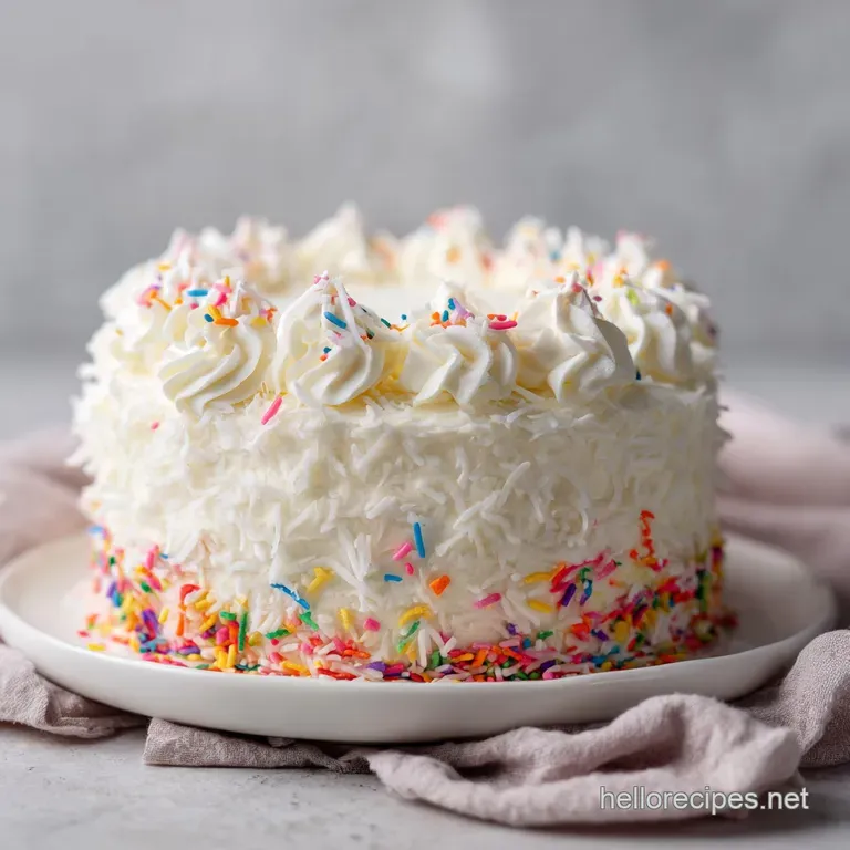 A delicate slice of white coconut cake on a plate, revealing moist layers and creamy frosting, with a fresh berry accent.