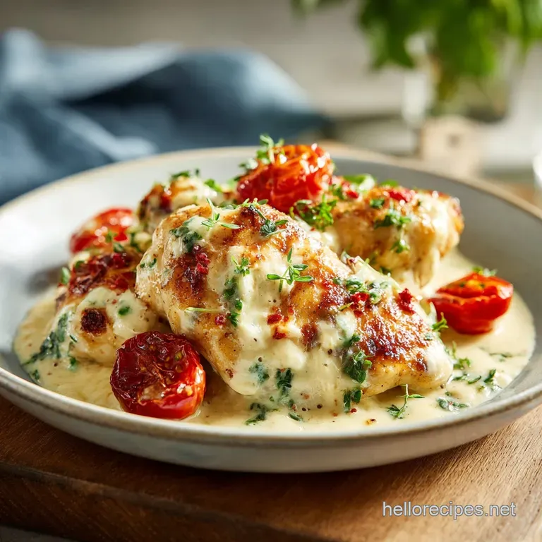 Elegant plate of Cream Cheese Chicken featuring vibrant green herbs and a luscious, smooth sauce coating tender chicken pi...