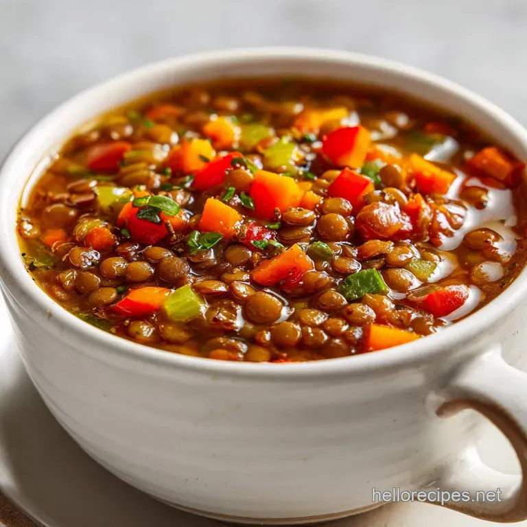Hearty brown lentil stew in a white ceramic bowl topped with a swirl of cream and a sprig of fresh green parsley.
