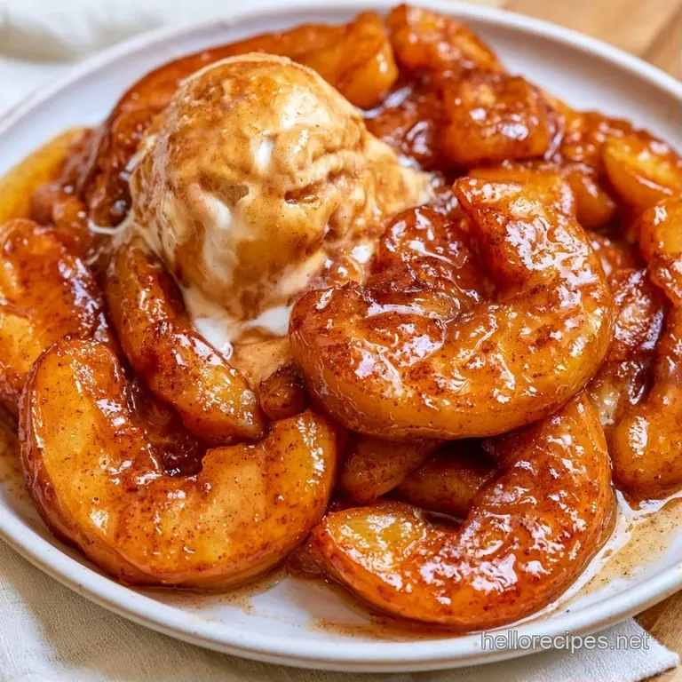 Sautéed cinnamon apples in a white ceramic bowl topped with ivory ice cream and a drizzle of amber syrup.