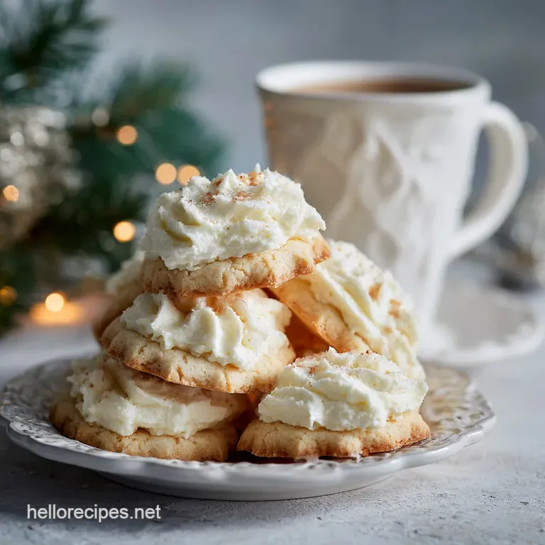 Delicate, melt-in-your-mouth shortbread cookies artfully stacked on a small plate, offering a tempting and sugary treat. S...
