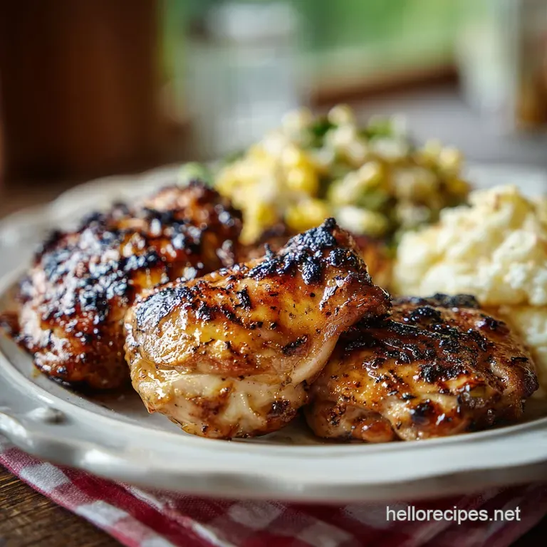 Plated baked chicken, white sauce dripping slightly. Fresh green herbs provide vibrant contrast on a white plate. Delicious!