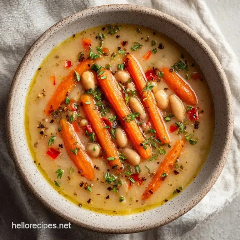 Elegant ceramic bowl of creamy soup topped with a swirl of golden olive oil and a sprig of bright green parsley.