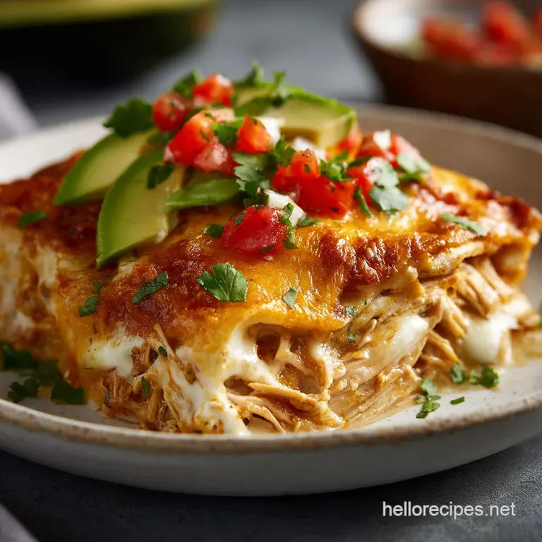 A golden slice of enchilada casserole on a rustic plate, garnished with sour cream and cilantro.