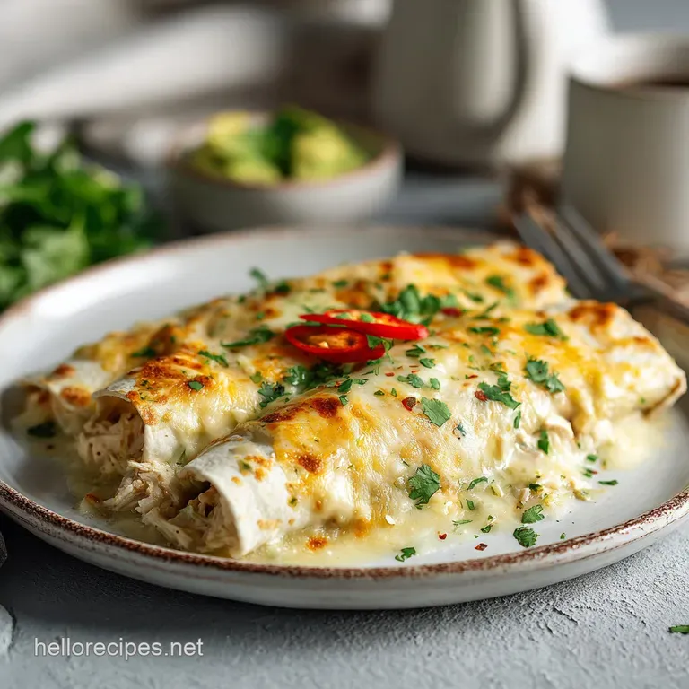 Two white chicken enchiladas plated with creamy sauce drizzled, fresh cilantro, a vibrant, appetizing and comforting meal.