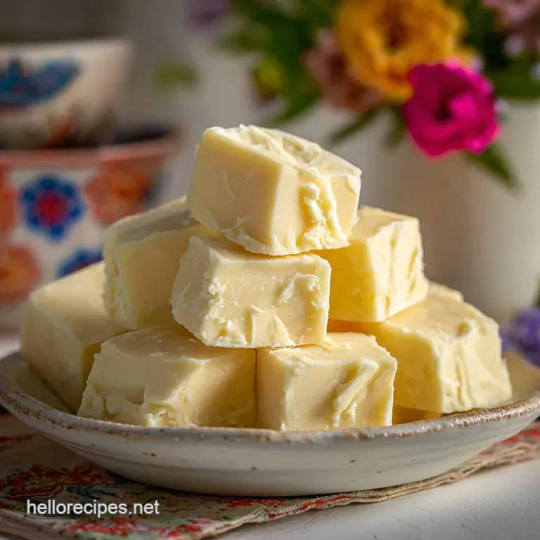Squares of milky white fudge on a marble platter, dusted with powdered sugar, ready for a delightful holiday serving.