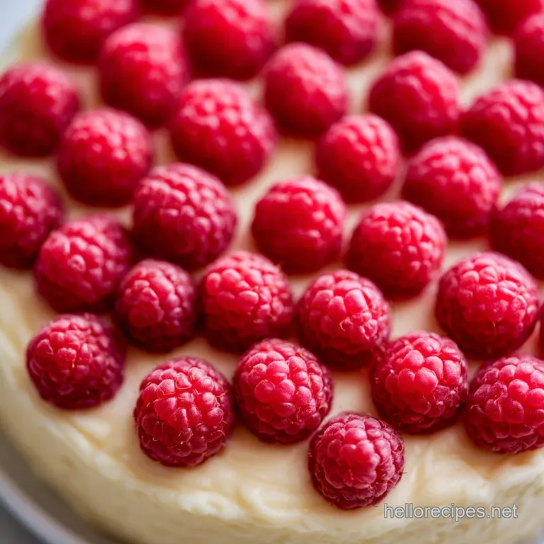 A slice of creamy white cake on a ceramic plate, garnished with fresh raspberries and a mint leaf accent.