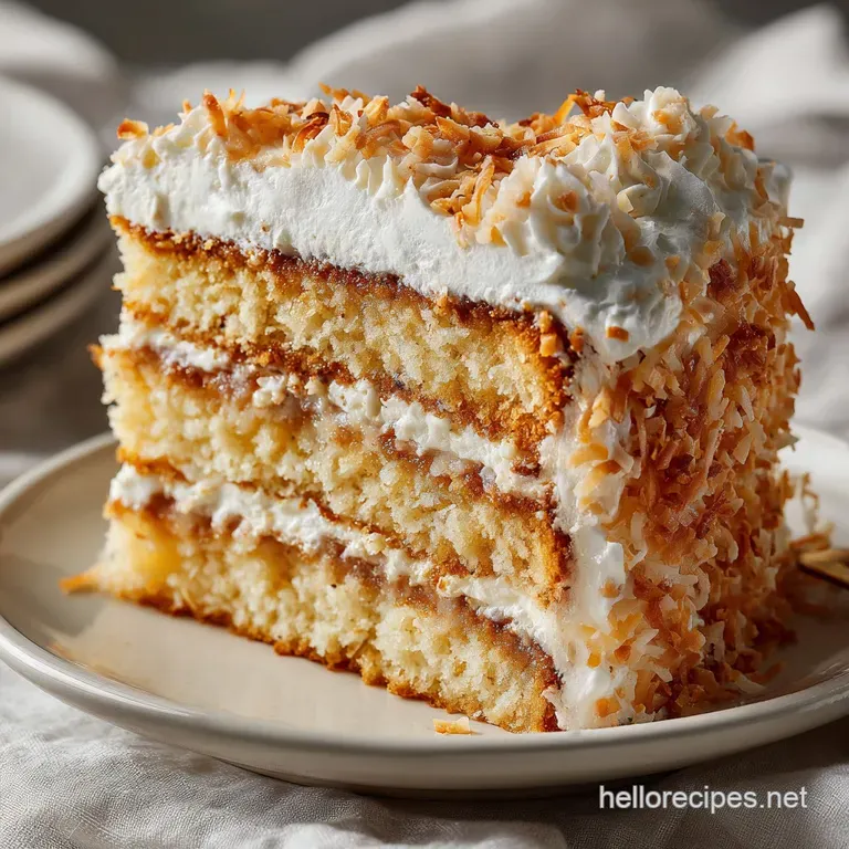 A neat slice of creamy white cake with toasted coconut frosting and pecan bits on a ceramic plate with a gold fork