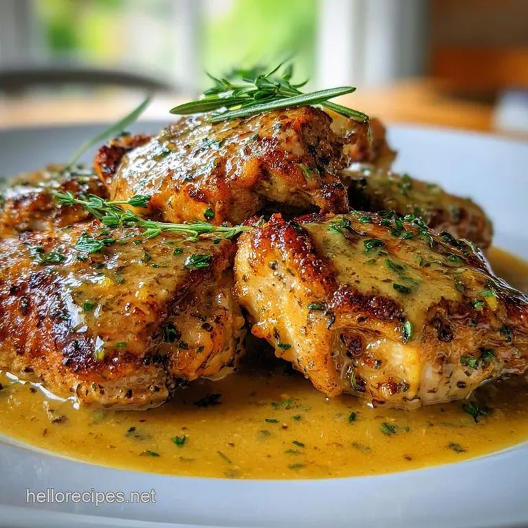 Perfectly plated roasted chicken breast with crisp skin, drizzled with a smooth, dark sauce and vibrant green herbs.