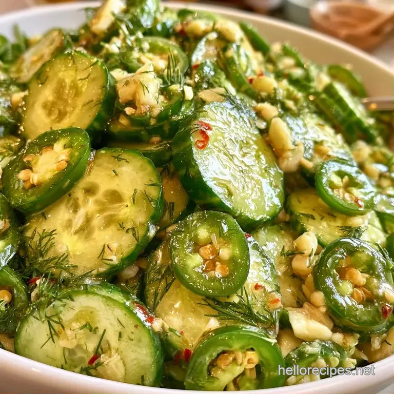 Crisp, bright green pickled pepper slices arranged on a white ceramic plate with a drizzle of clear brine.