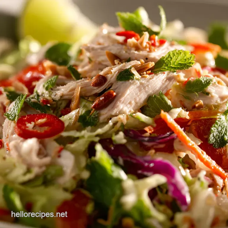 Thai Chicken Salad with Sticky Lime-Chilli Dressing and Peanut Crunch presentation