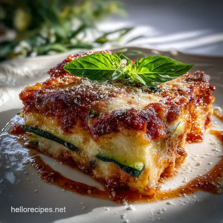 Slice of zucchini lasagna on a plate, steam rising. Melted cheese pull, visible zucchini layers, bright red sauce, basil ...