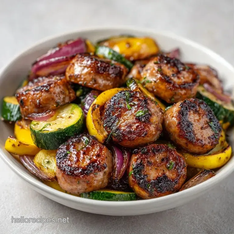 A vibrant plate of browned sausage coins and tender zucchini slices garnished with a pinch of fresh green parsley.